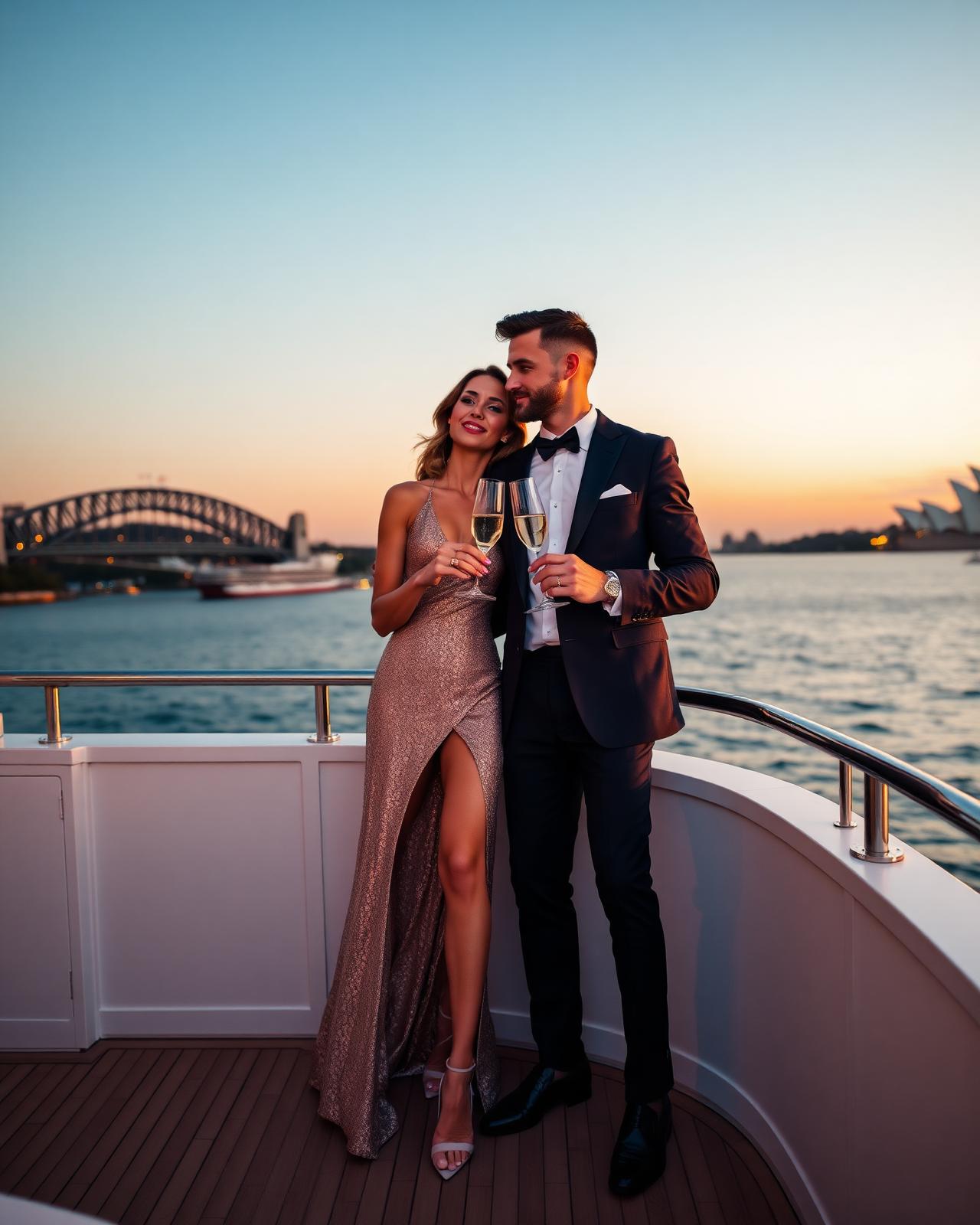 Couple aboard a superyacht on Sydney Harbour