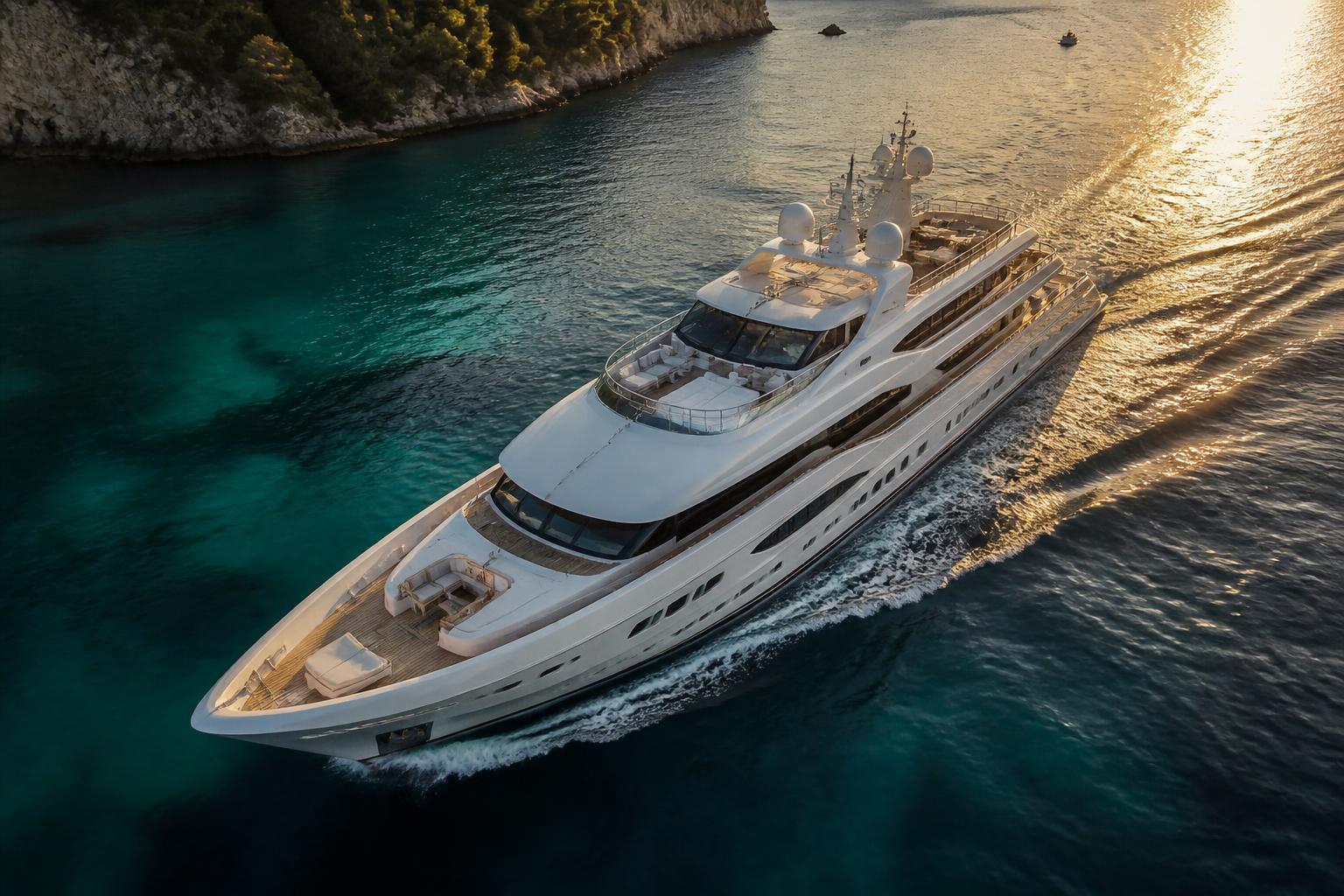 Luxury superyacht cruising at golden hour